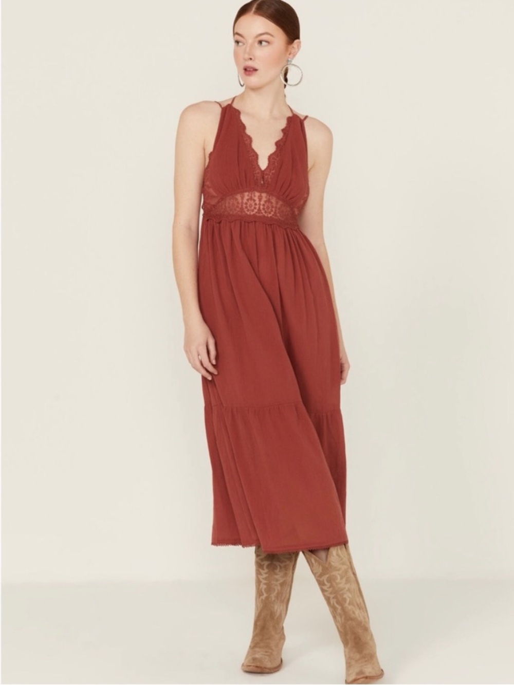 Lush Rust Red Lace-Trim Sleeveless Midi Boho Sun Dress Western Cottage Size S